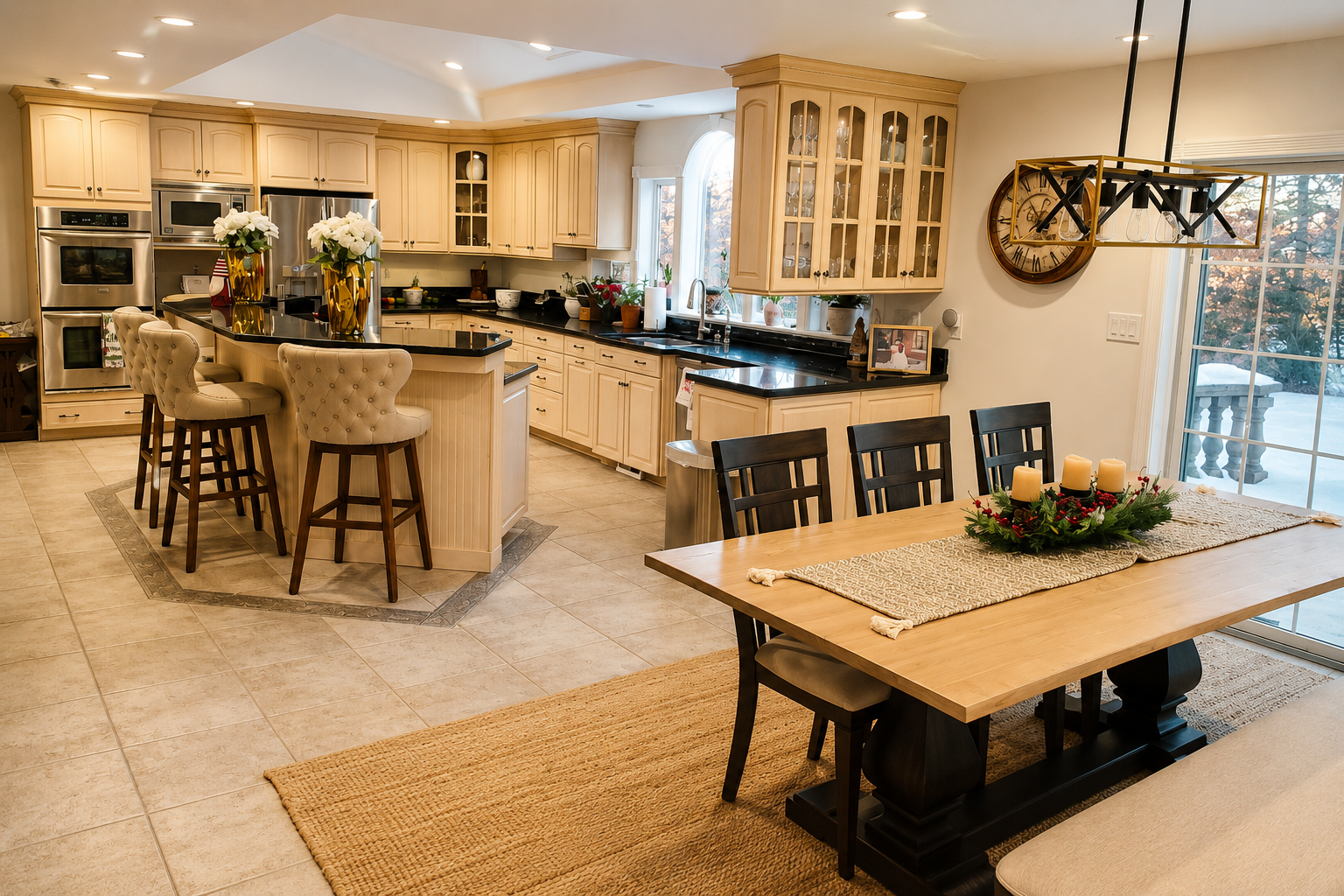 Spacious chef's kitchen with custom cabinetry, oversized island seating and casual dining area at The Estate at Rebecca's Fountain.