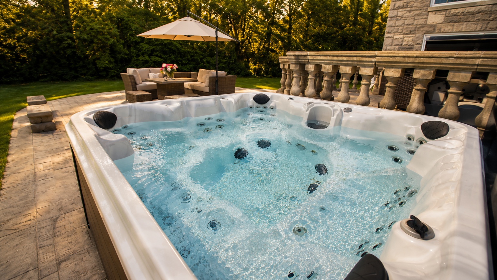 Luxury outdoor patio and hydrotherapy spa at The Estate at Rebecca's Fountain featuring private outdoor living space designed for relaxation and entertaining.